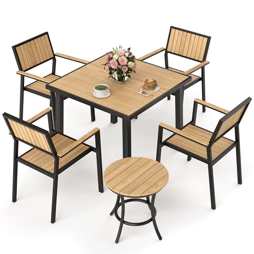 Pamapic 6-Piece Outdoor Aluminum Patio Dining Set with Plastic-Wood Table Top and 4 Stackable Chairs Teak
