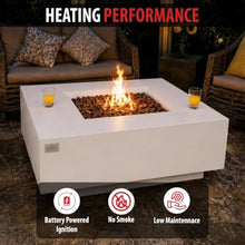 AMS 40" Square Concrete GFRC Propane Gas Fire Pit Table Bundle, Cream White