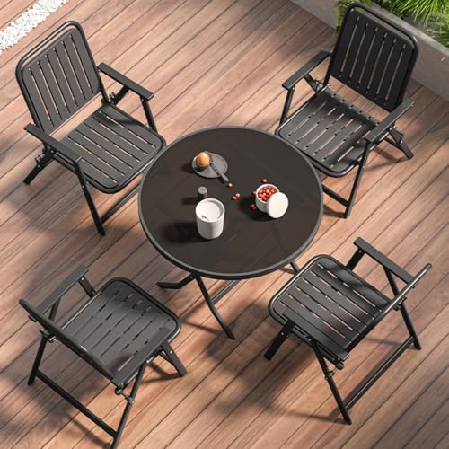 Dalumian Outdoor Patio Dining Set, Bistro Dining Furniture Set, 5 Pieces Foldable Table and Chairs Set, Carbon Steel Frame & Tempered Glass Tabletop, for Balcony Garden, 31.5 x 28.3In(Round)