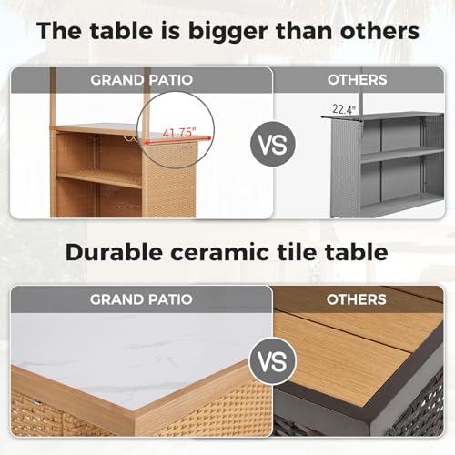 Grand Patio Outdoor Tiki Bar Set with Widen Ceramic Top, Phuket 3-Piece Wicker Islander Tiki Bar and 2 Stools, Tan