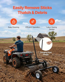 VEVOR 48in Tow Behind Landscape Rake, Pull Behind Lawn Rock Rakes for ATV Mower Tractors, 24 Durable Steel Tines, Adjustable Height & Angle, Heavy Duty Dethatcher Rake for Leaves Debris