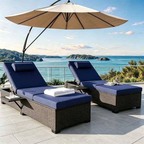 Outdoor PE Wicker Chaise Lounge Chairs Set of 2, Adjustable Pool Recliners