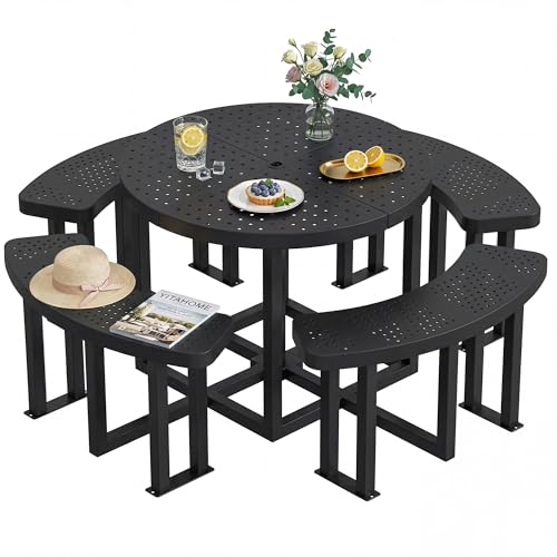 YITAHOME 38" Round Metal Picnic Table with Umbrella Hole