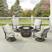 Oakland Living Black Aluminum Patio Fire Table Set with Four Club Chairs, Cushions, Ice Bucket and Wind Blocker