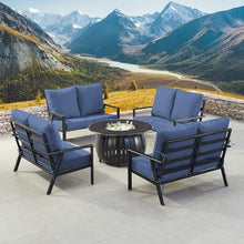 Oakland Living Black Aluminum Patio Fire Table Set with Four Deep Seating Loveseats with Cushions with Blue Cushions
