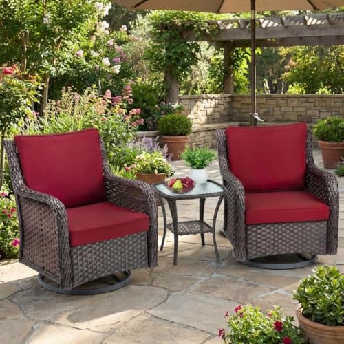 CABIHOME 3 Pieces Outdoor Swivel Wicker Glider Chairs Bistro Set with 4” Thick Cushions & 2-Tier Coffee Table, Patio Furniture Set for Porch Balcony Deck Garden Poolside
