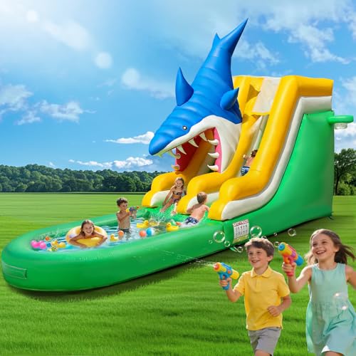 HESMAX 26FT Inflatable Water Slide with Splash Pool, PVC Thickened Material Easy Setup Outdoor Summer Water Play Toy for Kids Adults Backyard Party Use-Shark
