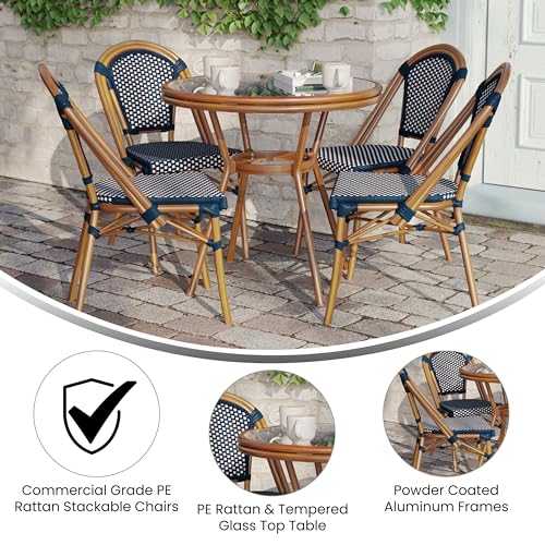 Flash Furniture Bordeaux Indoor/Outdoor Bistro Set - Tempered Glass Top Table with 4 Chairs - Navy & White Rattan/Natural Frame