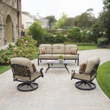 Darlee 4-Piece Cast Aluminum Outdoor Seating Set with 42x21 Inch Rectangular Table, Swivel Rockers, and Throw Pillows in Antique Bronze/Sesame