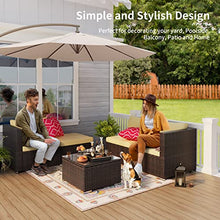 Qsun 5-Piece Patio Furniture Set Outdoor Couch with Glass Coffee Table and Two Pillows, Outdoor Sectional Conversation Set (Brown Rattan, Beige Cushion)