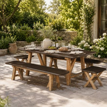 Modern Rustic Indoor/Outdoor Brown 78.7" Concrete Fiber Dining Table with 2 Benches & 2 Backless Stools with Acacia Wood Base