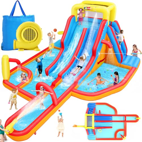 Whubefy 19.2ft Giant Double Lane Inflatable Water Slide for Kids Backyard Blow Up Racing & Climbing Water Park, 17.2ft Extra Long Slide w/Arch, Multi Splash Pool w/Sprinkler, 15pcs Water Battle Toy