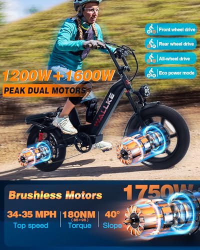 W Wallke Electric Bike for Adults 48V 40Ah 1600W/2800W Peak Dual Motor Fast Long Range Ebike 20 inch Fat Tire Full Suspension Electric Bicycle 31/34MPH Step Thru E-bike APP Control UL2849 Certified Black