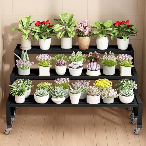 3 Pack Plant Stand On Wheels, Heavy Duty Rolling Flower Shelf For Patio