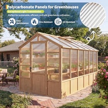 6x12 ft Wooden Walk-in Polycarbonate Greenhouse, Lockable Door, Brown