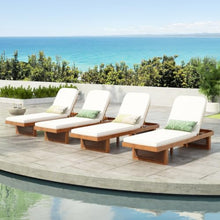 Homyee Acacia Wood Loungers with Slatted Side Table and Removable Cushions for Backyard, Poolside, Outdoor Lounge Chairs with Rustic Charm and PE Rattan Weaving for Lawn (4 Lounge Chairs)