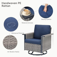 Seeheool Outdoor Swivel Rocking Gray Wicker Chairs Set of 2, Wide Armrest Patio Glider Chairs with Blue Cushions for Porch or Deck