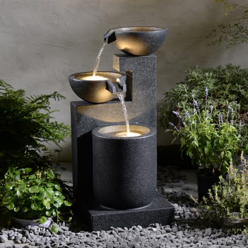 Black Modern Tiered Bowl Fountain, Decorative Water Fountain with LED Lights and Quiet Pump, Indoor Outdoor Water Feature for Patio, Garden, Deck, Balcony, Office and Home Décor