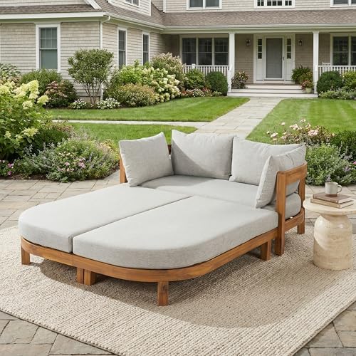 Merax Outdoor Acacia Wood Daybed with Cushions, Chaise Lounge Sofa with Curved Armrest for Patio Backyard and Garden, Teak Finish with Light Grey Cushion