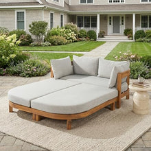 Merax Outdoor Acacia Wood Daybed with Cushions, Chaise Lounge Sofa with Curved Armrest for Patio Backyard and Garden, Teak Finish with Light Grey Cushion