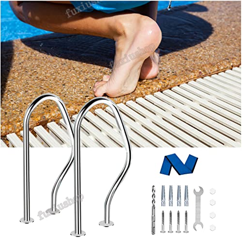 MSHOSAC Sturdy Pool Safety Handrails Pool Handrails Pool Handrail Set of 2, Pool Rail 304 Stainless Steel Swimming Pool Stair Rail Pool Hand Rail with Base Plate Silver Rustproof, Blue Rail Grip 4ft