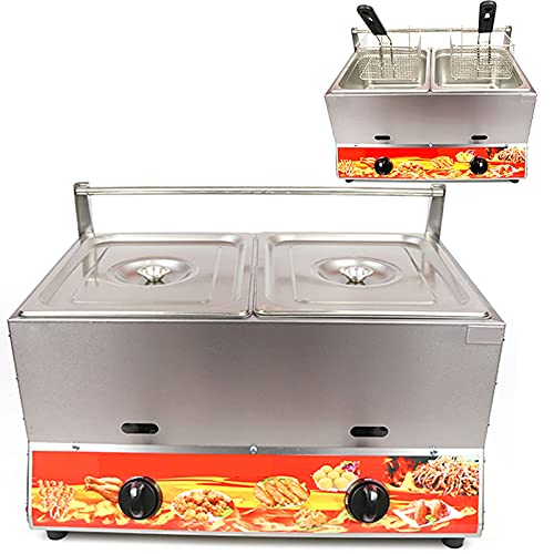 Professional Commercial Gas Fryer, 22L Large Capacity Double Fryer, Adjustable Firepower, with Baskets and Lid, Food Grade 304 Stainless Steel, for Home,Natural Gas