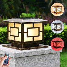 LumosPro IP65 Waterproof Solar Power Pillar Post Light - Bronze Aluminum Outdoor Garden Lantern with Remote Control and Tricolor Options(Large)