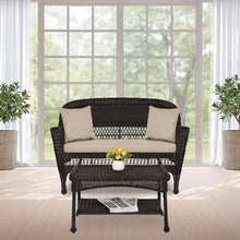 Jeco Wicker Patio Love Seat and Coffee Table Set with Tan Cushion, Black