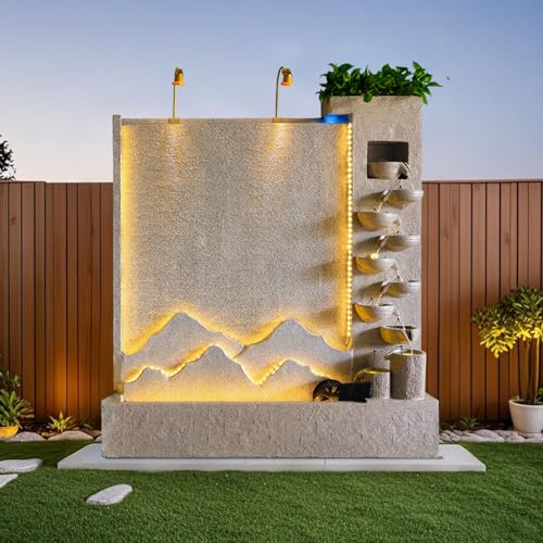 Retro Modern Stone Look Cascading Water Flowing Wall Fountain with LED Lights, 6.89FT Tall Indoor Outdoor Water Feature for Home Garden Entryway(Left)(#B)