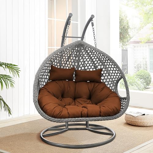 SK CHUMRA Premium 2-Person Hanging Egg Chair with Stand – Bronze Wicker Loveseat with Brown Cushions for Indoor & Outdoor Use (Gray Frame with Brown Cushion)