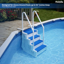 Poolzilla Premium Pool Step Ladder for Above Ground Pools - White Deck Mounted Ladder w/Blue Treads and Double Handrails - for 48’’ to 54’’ in. Above Ground Pools