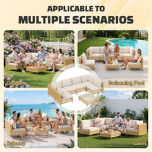 LHBcraft 7-Piece Outdoor Furniture Set, Handmade Rattan Patio Furniture Set, Outdoor Sectional Furniture, Patio Sectional with Fluffy Cushions and Coffee Table, Yellow Beige