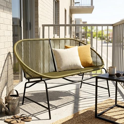 Spollowe Outdoor Wicker Love Seat – All-Weather PE Rattan & Iron Frame – Green Patio Loveseat for Garden Balcony Porch – Casual Modern 2-Seater