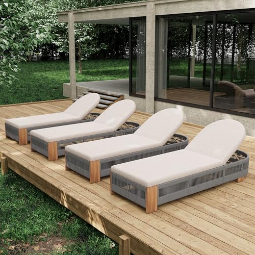 Christopher Knight Home Daskz Outdoor Chaise Lounge Chair Set of 4, Patio Outdoor Acacia Wood Chaise Lounge, Adjustable Backrest Poolside Beach Yard Recliner Chair, Rope Design, 79.5'', Teak+Gray