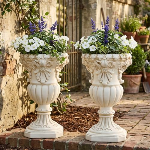 Christopher Knight Home Leita 23.03" H Classical Floral Relief Urn Planters Set of 2, MGO Outdoor Flower Pots, Weather-Resistant Outdoor Planters Set for Porch Entryway Decor, Antique White