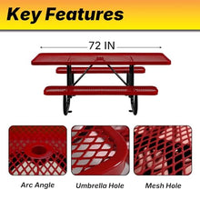 LAUCO Heavy Duty Rectangular Outdoor Picnic Table with Steel Frame, Thermoplastic Coating, Umbrella Hole, Built-in Benches, Seats 8, for Park, Patio, School (Red, 72 inch) 36033