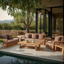 SAFAVIEH Couture - Montford Brazilian Teak Solid Wood Indoor/Outdoor Arm Chair, Brown Cushion, Low Profile Lounge Chair, 13" Seat Height, Patio Furniture (CPT1000C)