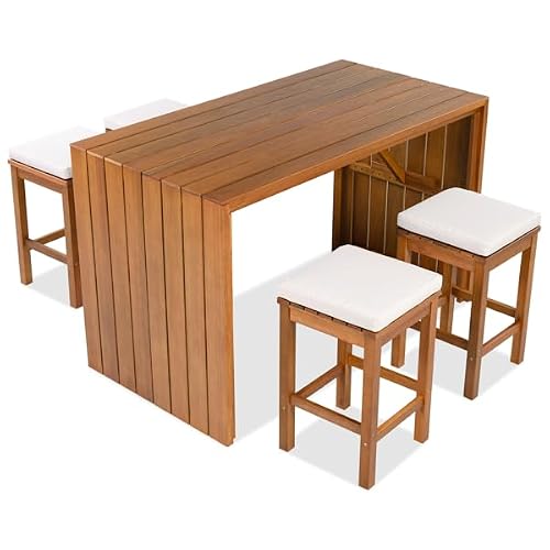 XITPEYEZY 5 Piece Outdoor Acacia Wood Bar Set with 4 Cushioned Stools