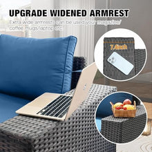 HTERWQEA 5-Piece Wicker Patio Furniture Set, PE Rattan Sectional Sofa with Storage Table & Peacock Blue Cushions, Outdoor Conversation Set for Garden or Porch