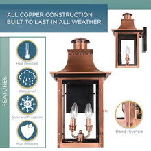 Quoizel Chalmers Outdoor Wall Lantern, 19 Inch 2-Light Aged Copper Vintage Wall Sconce, French Country Wall Light, Clear Glass, 60W Candelabra Bulb, Outside Lights for Patio, Porch, Garage or Yard