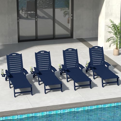 WestinTrends Aruba Outdoor HDPE Patio Chaise Lounges with Wheels & Cup Holder (Set of 4), Navy Blue