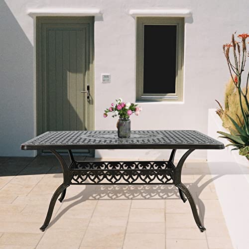 W WARMHOL Outdoor Cast Aluminum Patio Table, 60” Rectangular Bistro Table with 2’’ Umbrella Hole for Patio Furniture Garden Deck Backyard