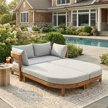 Christopher Knight Home Elly Acacia Wood Outdoor Daybed with Cover, Spacious Seating Lounge Sofa with Cushion, Tub-Shaped Back Daybed, Curved Armrest Chaise Lounge Outdoor, Teak+Light Grey+Grey