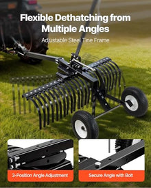 VEVOR 48in Tow Behind Landscape Rake, Pull Behind Lawn Rock Rakes for ATV Mower Tractors, 24 Durable Steel Tines, Adjustable Height & Angle, Heavy Duty Dethatcher Rake for Leaves Debris