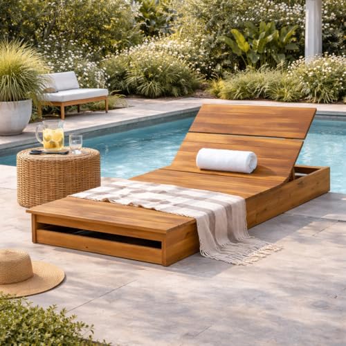 Christopher Knight Home Bard Patio Chaise Lounge Chair Outdoor, Acacia Wood Poolside Sun Lounger with Slatted Design, 3-Position Adjustable Backrest Pool Lounger, 400 lbs Capacity, Teak (Frame Only)