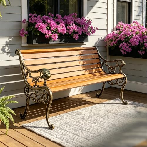 XYYZZZ Outdoor Garden Bench, 59in Weatherproof Patio Bench with Cast Iron Backrest, Solid Wood Seat & Protective Cover, 570 LBS Capacity, Easy Assembly Park Bench for Yard/Deck/Porch(Bronze)