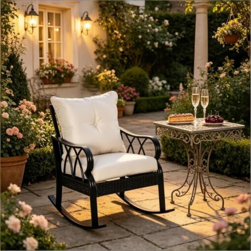 Hassyee Stylish Patio Rocking Chair w/Back & Seat Cushions for Garden, Modern Porch Rocker w/Black Aluminum Frame & PE Rattan Accents for Backyard, Outdoor Rocking Armchair w/High Back for Deck