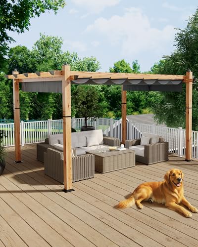 KYBOLT 10x13 Ft Outdoor Pergola with Retractable Canopy Upgraded Aluminum Imitation Wood Grain Metal Patio Pergola for Modern Backyard Deck Porch Grape Trellis(Gray)
