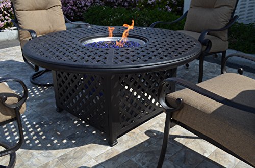 Santa Anita Outdoor Patio 6 Swivel Rocker Chairs and Round 52" Fire Pit Coffee Table Dark Bronze Cast Aluminum Premium Fabric Linen Sesame Cushions