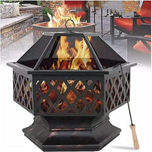 Garden Fire Pit Grill Bowl Grill Barbecue Rack Outdoor Fire Pits 24Inch,Hex Shaped Fire Bowl with Spark Screen Cover for Backyard Garden Patio Bonfire Heating and BBQ